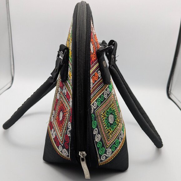 Embroidered Bohemian Handbag Black with Green Red Gold, Zipper, Double Handles - Picture 4 of 9